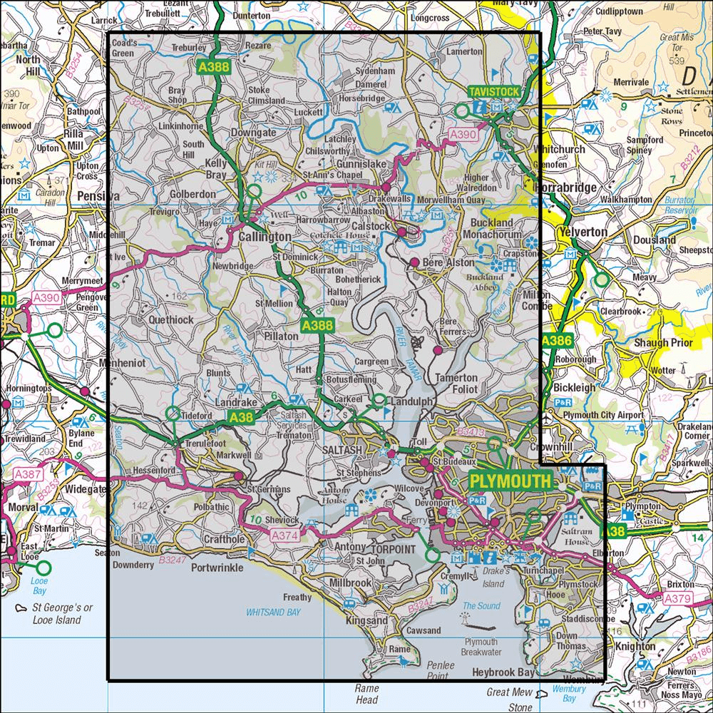 OMN4 image showing the area of the Ordnance Survey 1:25,000 Explorer map 108 Lower Tamar Valley & Plymouth