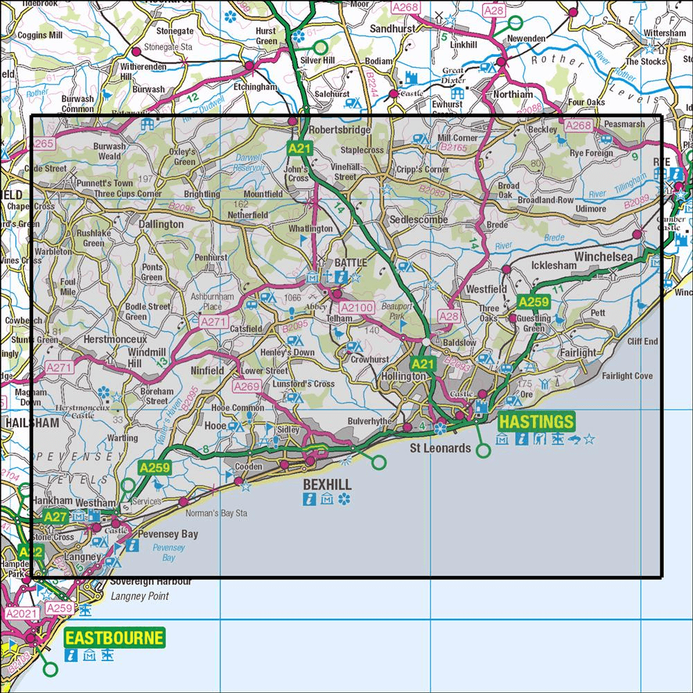 OMN4 image showing the area of the Ordnance Survey 1:25,000 Explorer map 124 Hastings & Bexhill