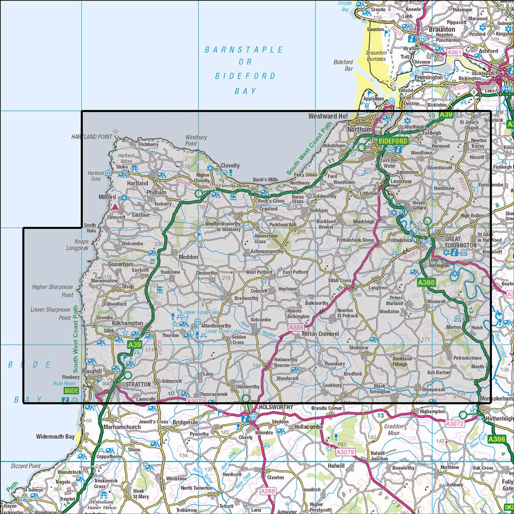 OMN4 image showing the area of the Ordnance Survey 1:25,000 Explorer map 126 Clovelly & Hartland