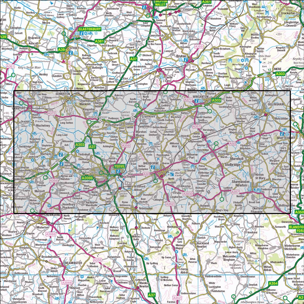 OMN4 image showing the area of the Ordnance Survey 1:25,000 Explorer map 129 Yeovil & Sherborne
