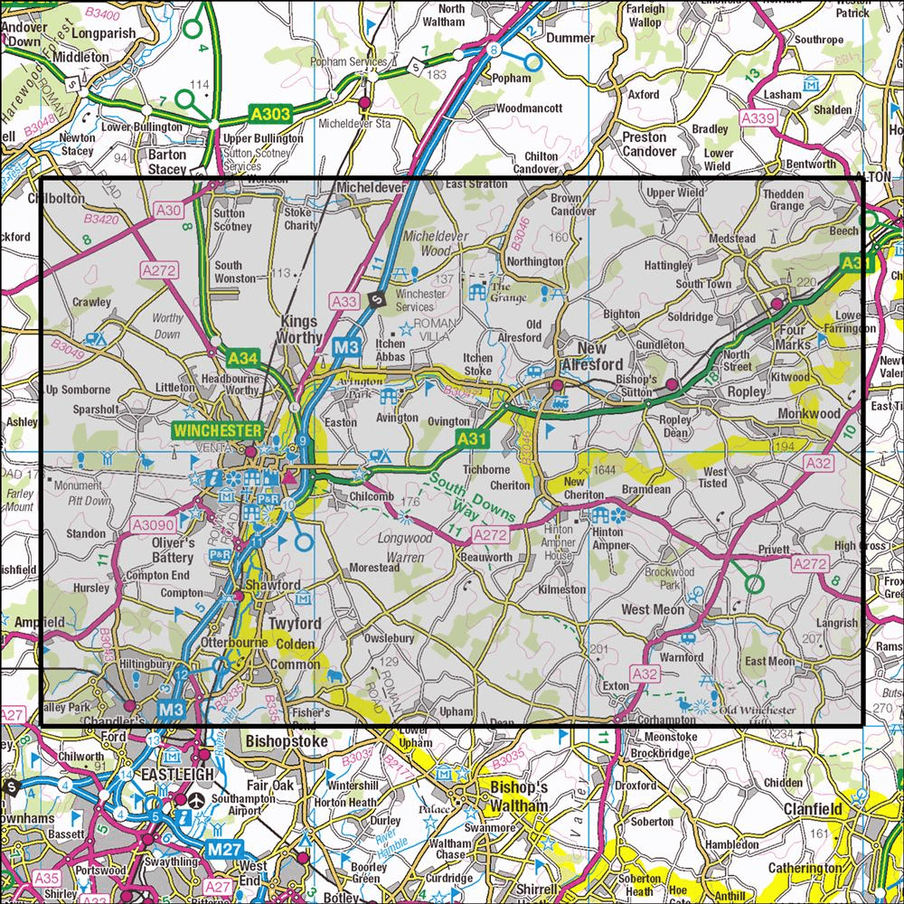 OMN4 image showing the area of the Ordnance Survey 1:25,000 Explorer map 132 Winchester, New Alresford & East Meon