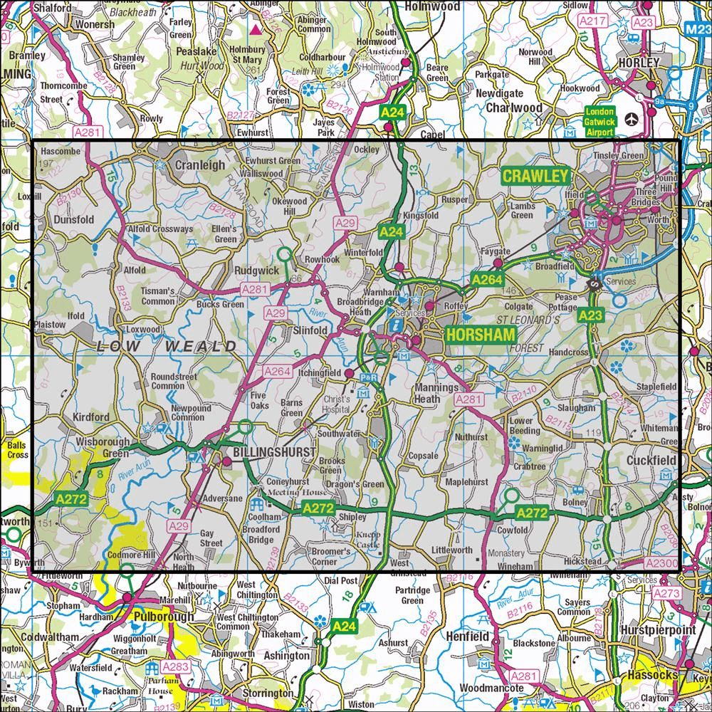OMN4 image showing the area of the Ordnance Survey 1:25,000 Explorer map 134 Crawley & Horsham