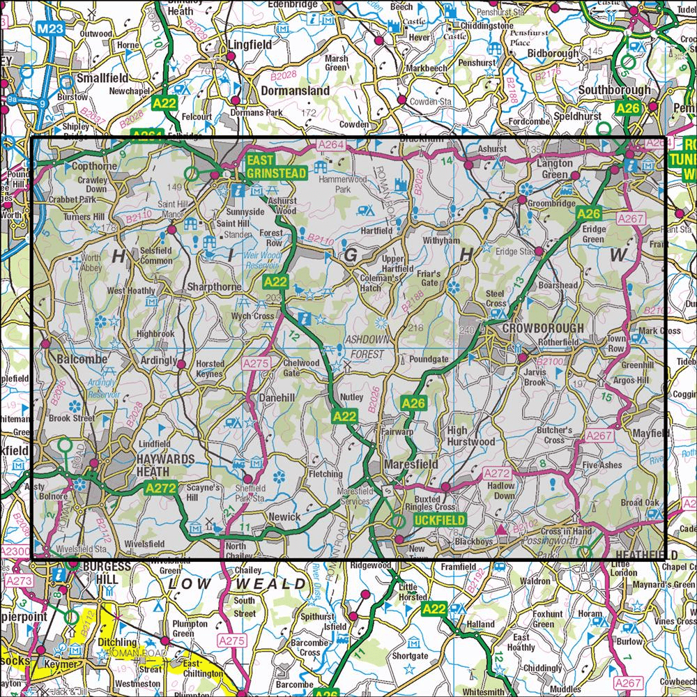 OMN4 image showing the area of the Ordnance Survey 1:25,000 Explorer map 135 Ashdown Forest
