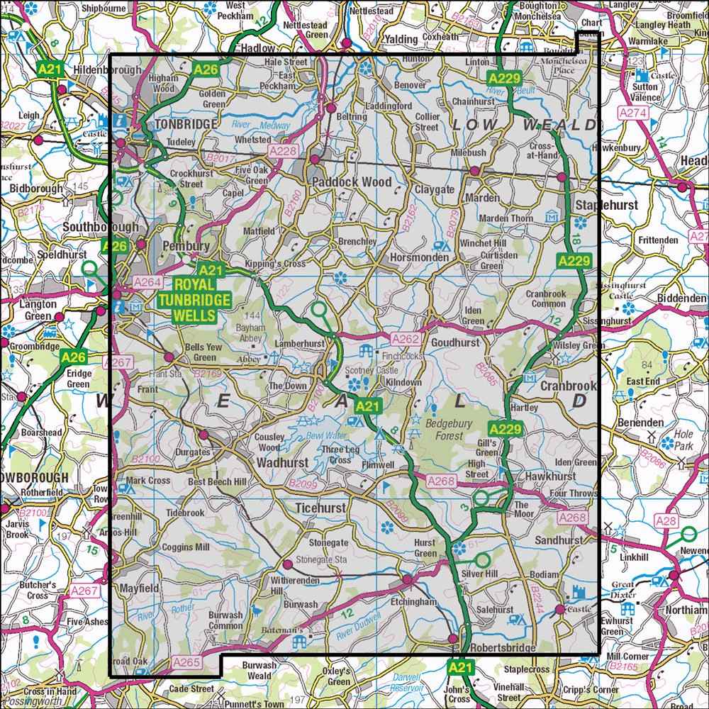 OMN4 image showing the area of the Ordnance Survey 1:25,000 Explorer map 136 High Weald