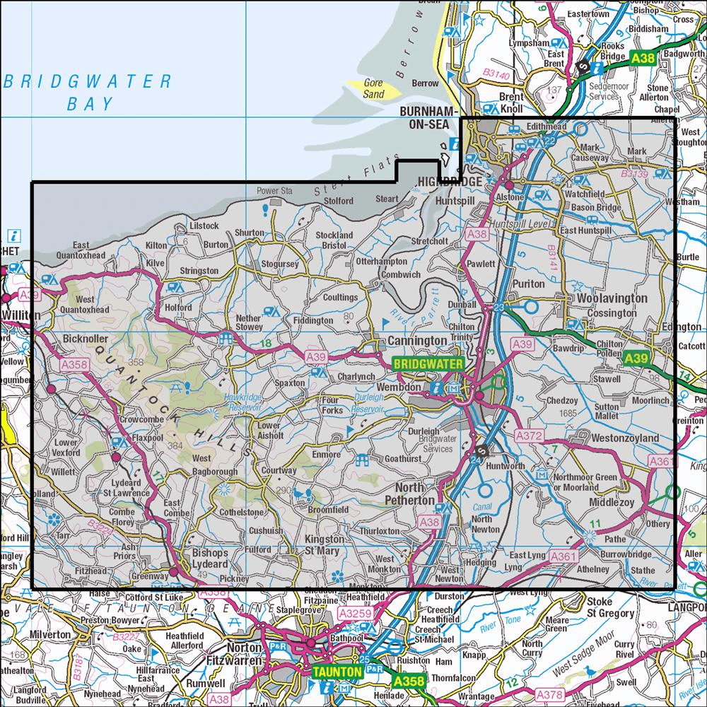 OMN4 image showing the area of the Ordnance Survey 1:25,000 Explorer map 140 Quantock Hills & Bridgwater