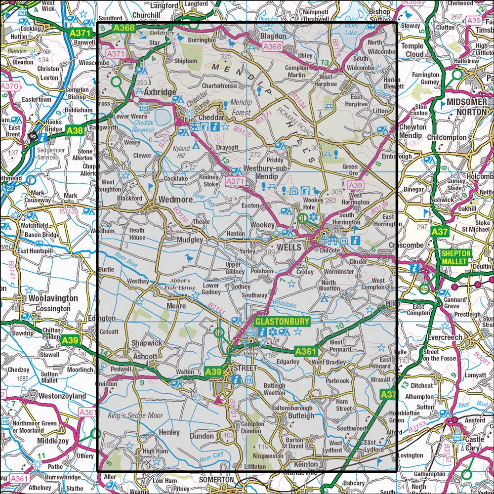 OMN4 image showing the area of the Ordnance Survey 1:25,000 Explorer map 141 Cheddar Gorge & Mendip Hills West
