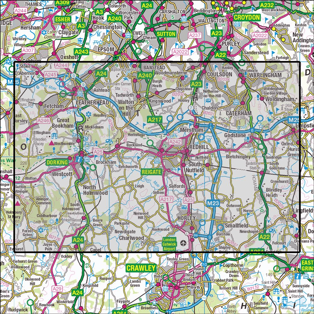 OMN4 image showing the area of the Ordnance Survey 1:25,000 Explorer map 146 Dorking, Box Hill & Reigate