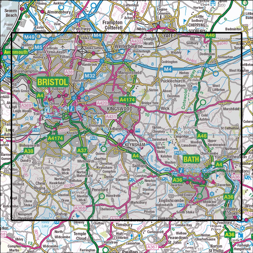 OMN4 image showing the area of the Ordnance Survey 1:25,000 Explorer map 155 Bristol & Bath