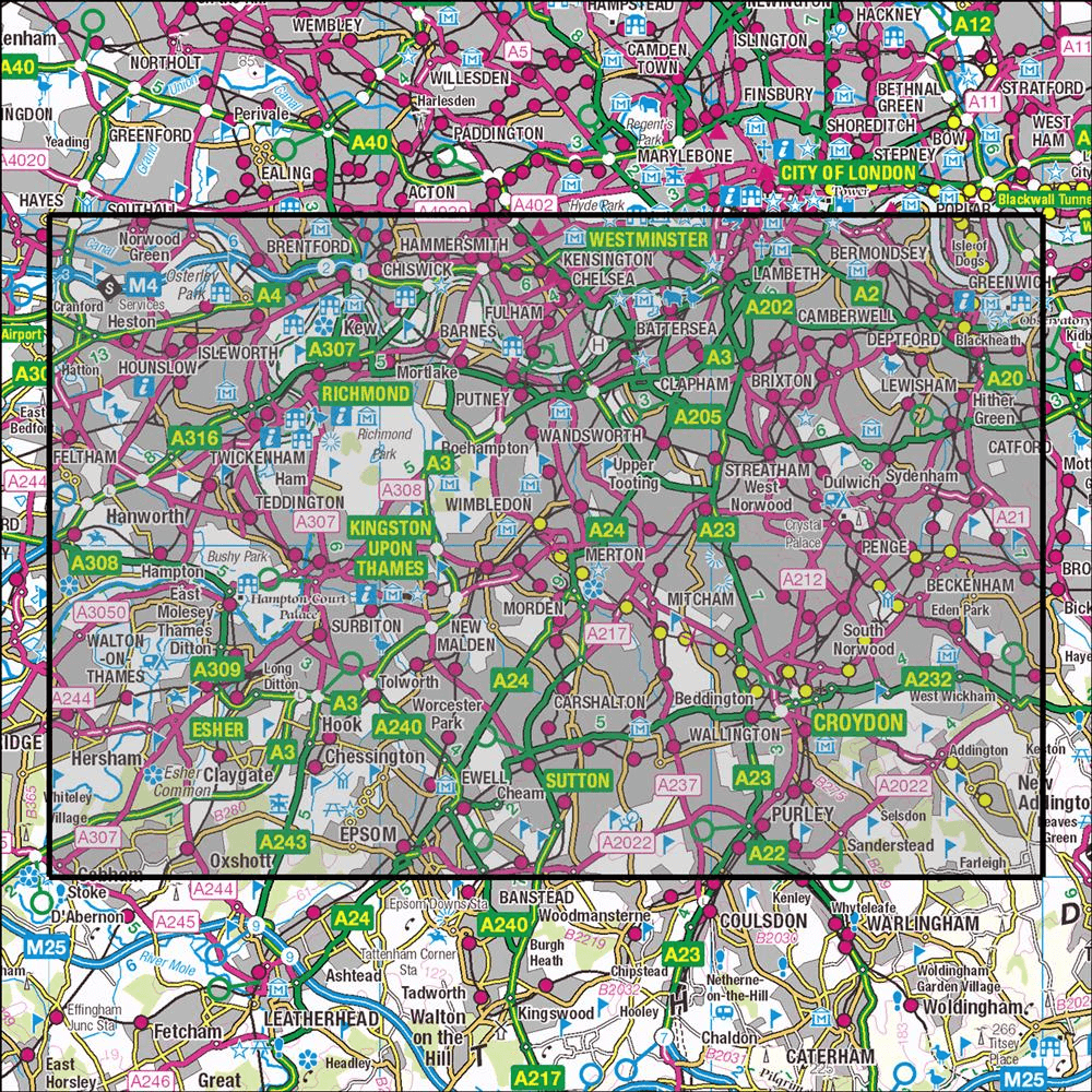 OMN4 image showing the area of the Ordnance Survey 1:25,000 Explorer map 161 London South