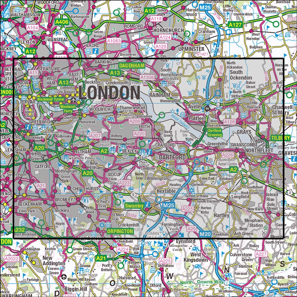 OMN4 image showing the area of the Ordnance Survey 1:25,000 Explorer map 162 Greenwich & Gravesend