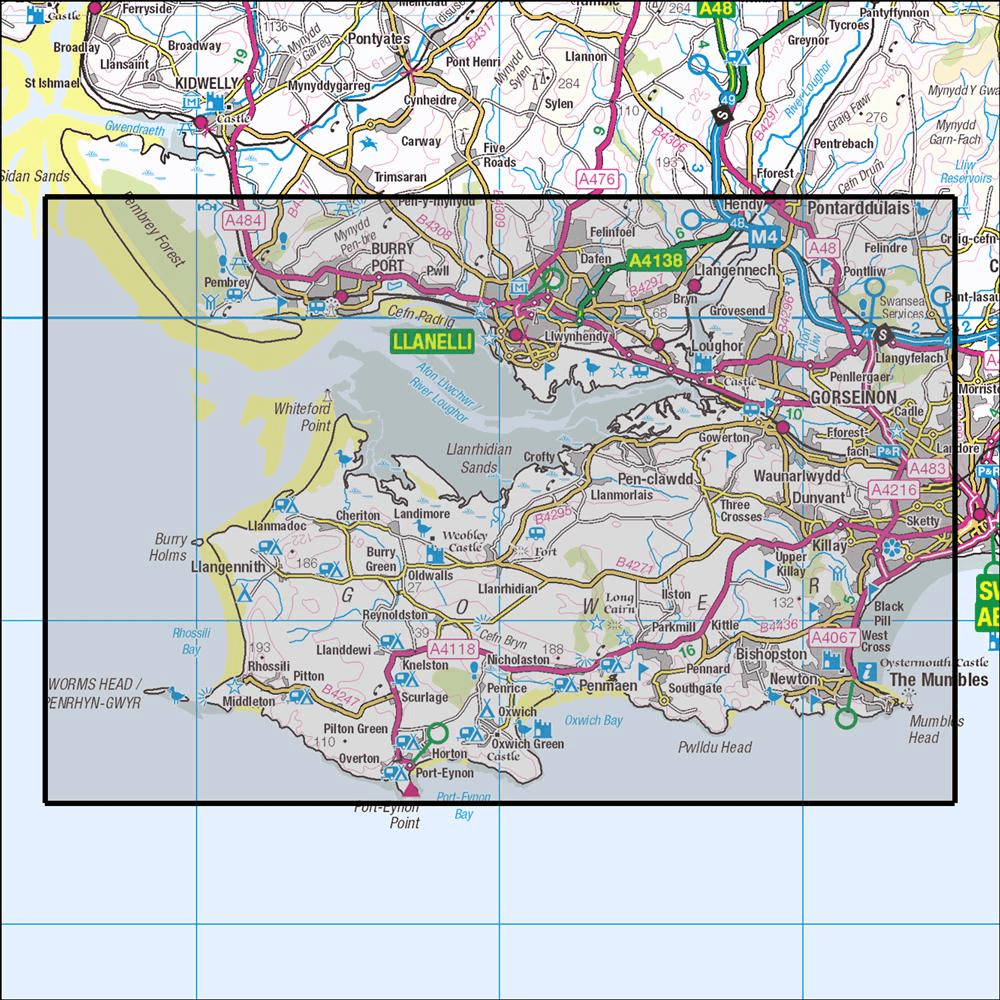 OMN4 image showing the area of the Ordnance Survey 1:25,000 Explorer map 164 Gower