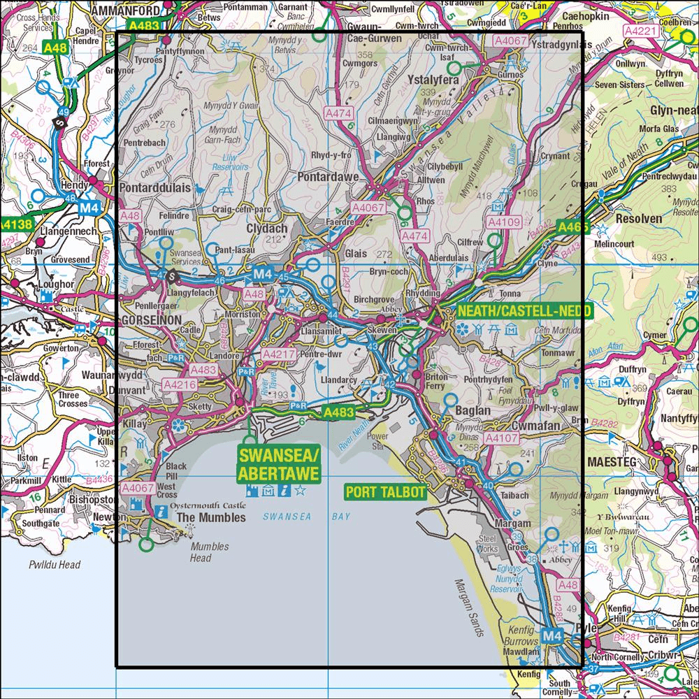 OMN4 image showing the area of the Ordnance Survey 1:25,000 Explorer map 165 Swansea