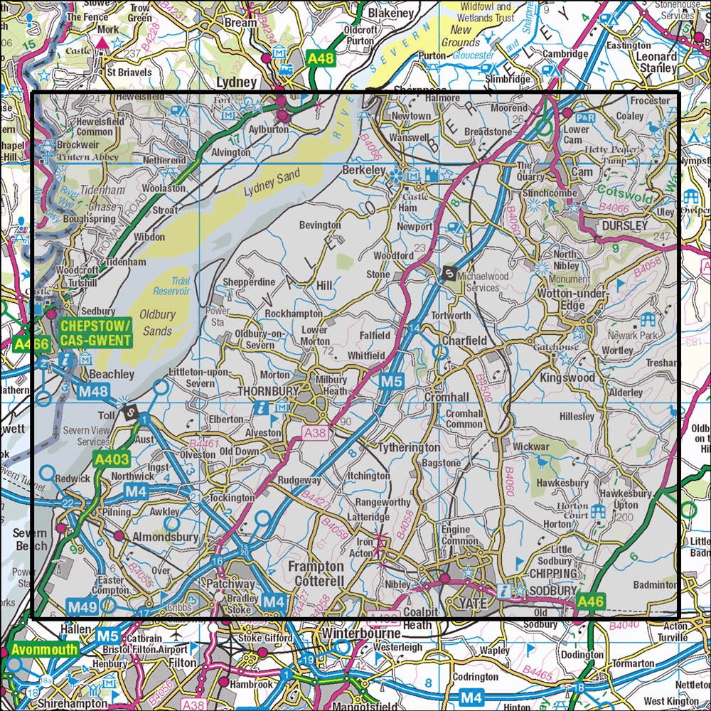 OMN4 image showing the area of the Ordnance Survey 1:25,000 Explorer map 167 Thornbury, Dursley & Yate