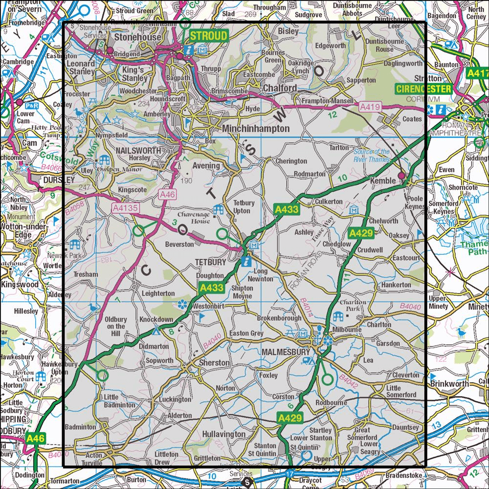 OMN4 image showing the area of the Ordnance Survey 1:25,000 Explorer map 168 Stroud, Tetbury & Malmesbury