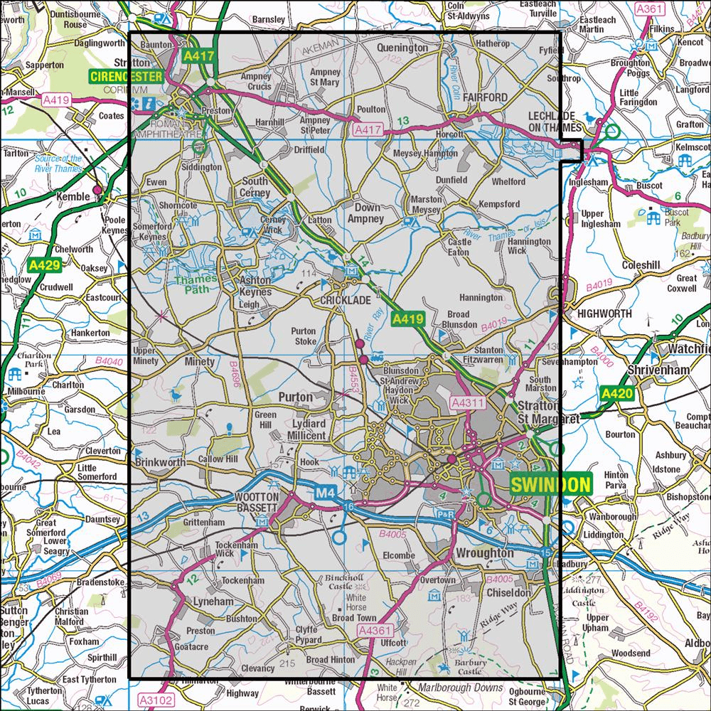 OMN4 image showing the area of the Ordnance Survey 1:25,000 Explorer map 169 Cirencester & Swindon