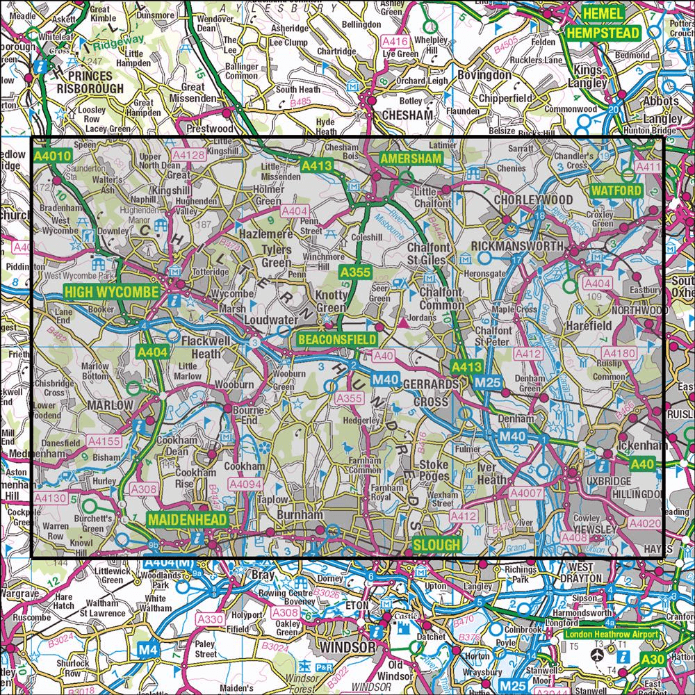 OMN4 image showing the area of the Ordnance Survey 1:25,000 Explorer map 172 Chiltern Hills East