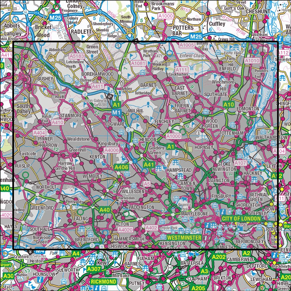 OMN4 image showing the area of the Ordnance Survey 1:25,000 Explorer map 173 London North