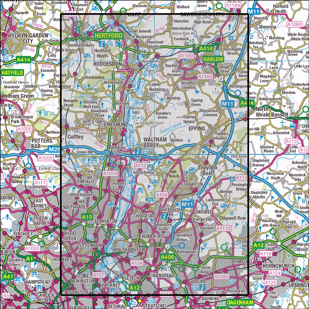 OMN4 image showing the area of the Ordnance Survey 1:25,000 Explorer map 174 Epping Forest & Lee Valley