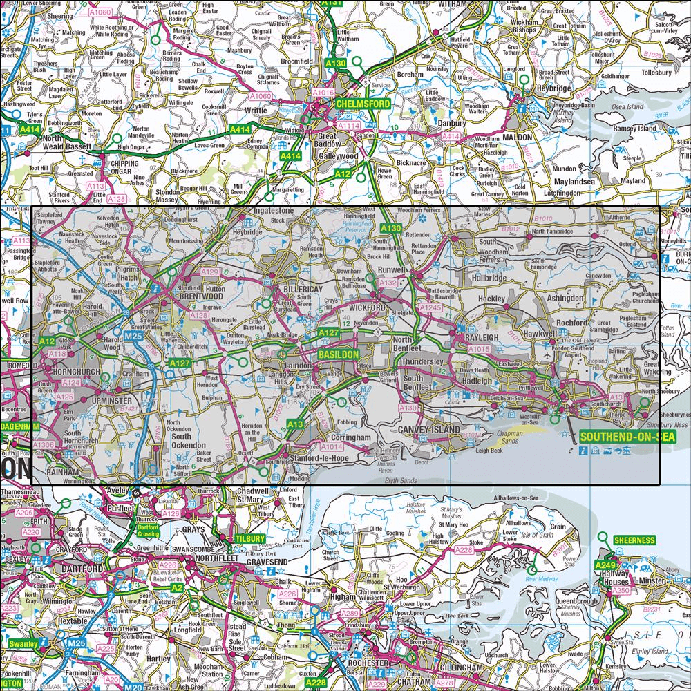 OMN4 image showing the area of the Ordnance Survey 1:25,000 Explorer map 175 Southend-on-Sea & Basildon