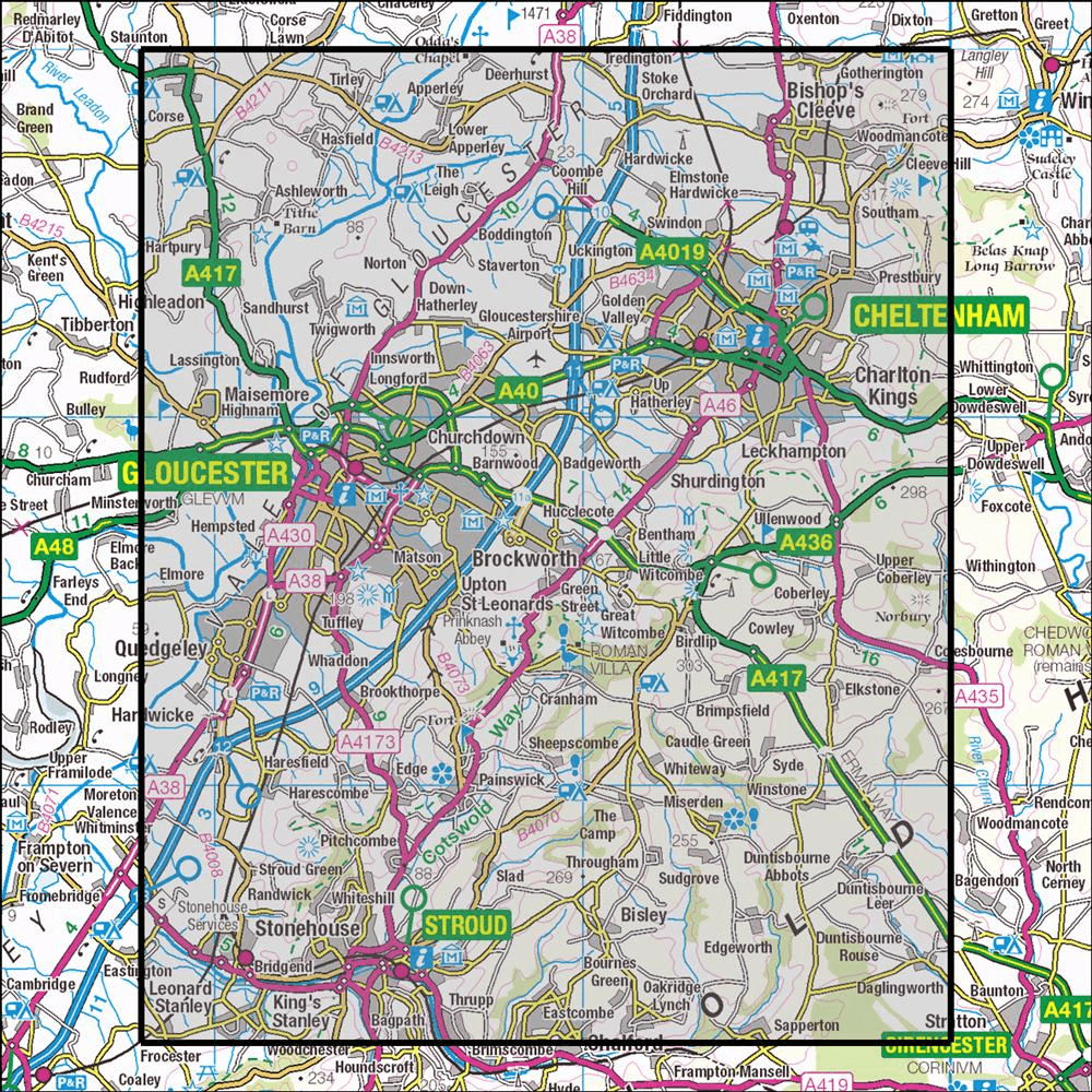 OMN4 image showing the area of the Ordnance Survey 1:25,000 Explorer map 179 Gloucester, Cheltenham & Stroud