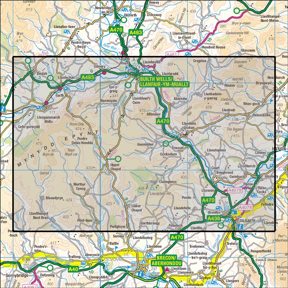 OMN4 image showing the area of the Ordnance Survey 1:25,000 Explorer map 188 Builth Wells