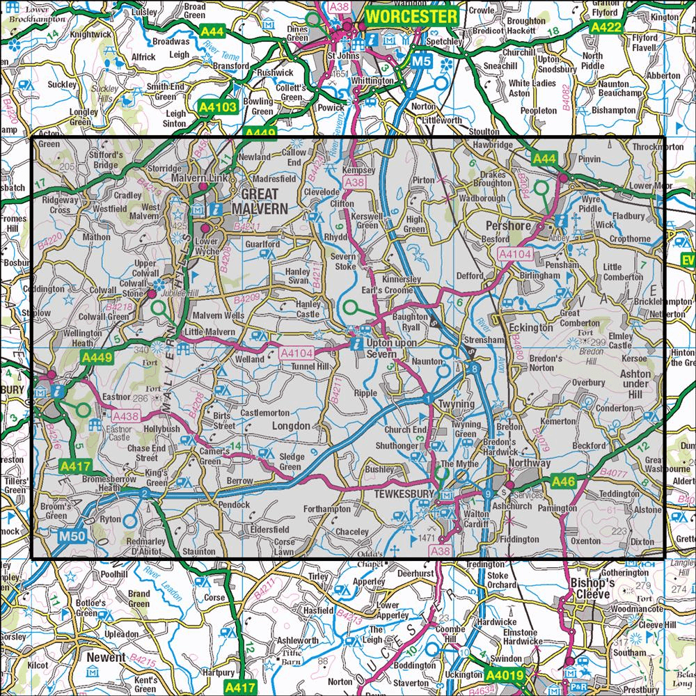OMN4 image showing the area of the Ordnance Survey 1:25,000 Explorer map 190 Malvern Hills & Bredon Hill