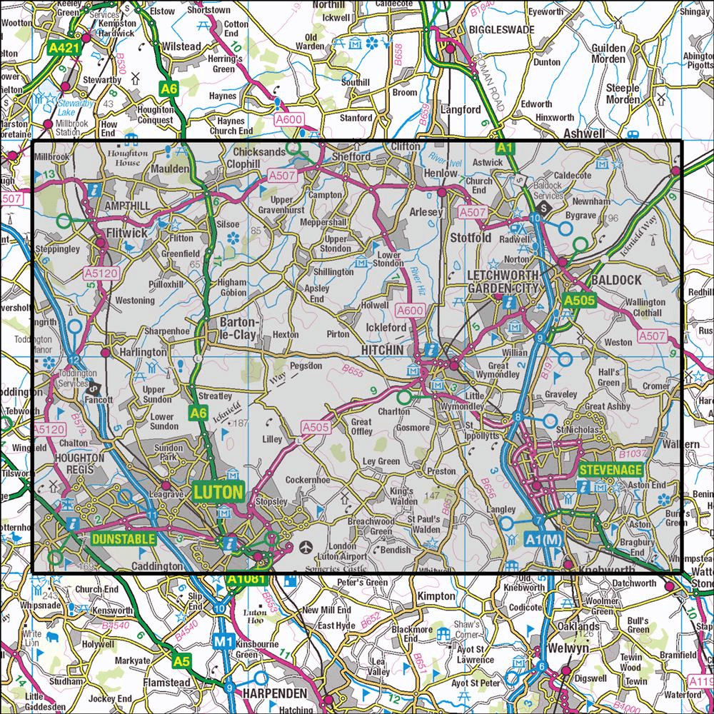 OMN4 image showing the area of the Ordnance Survey 1:25,000 Explorer map 193 Luton & Stevenage