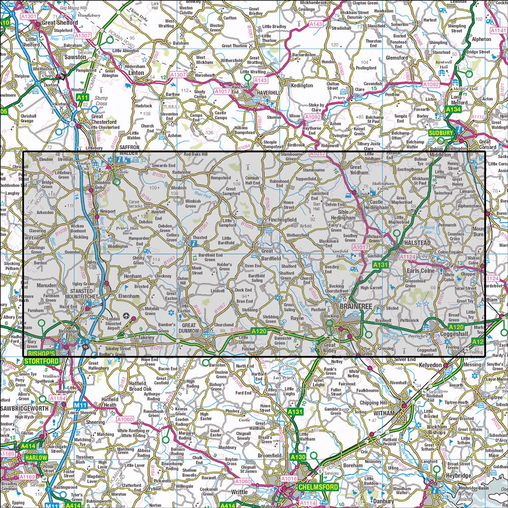 OMN4 image showing the area of the Ordnance Survey 1:25,000 Explorer map 195 Braintree & Saffron Walden