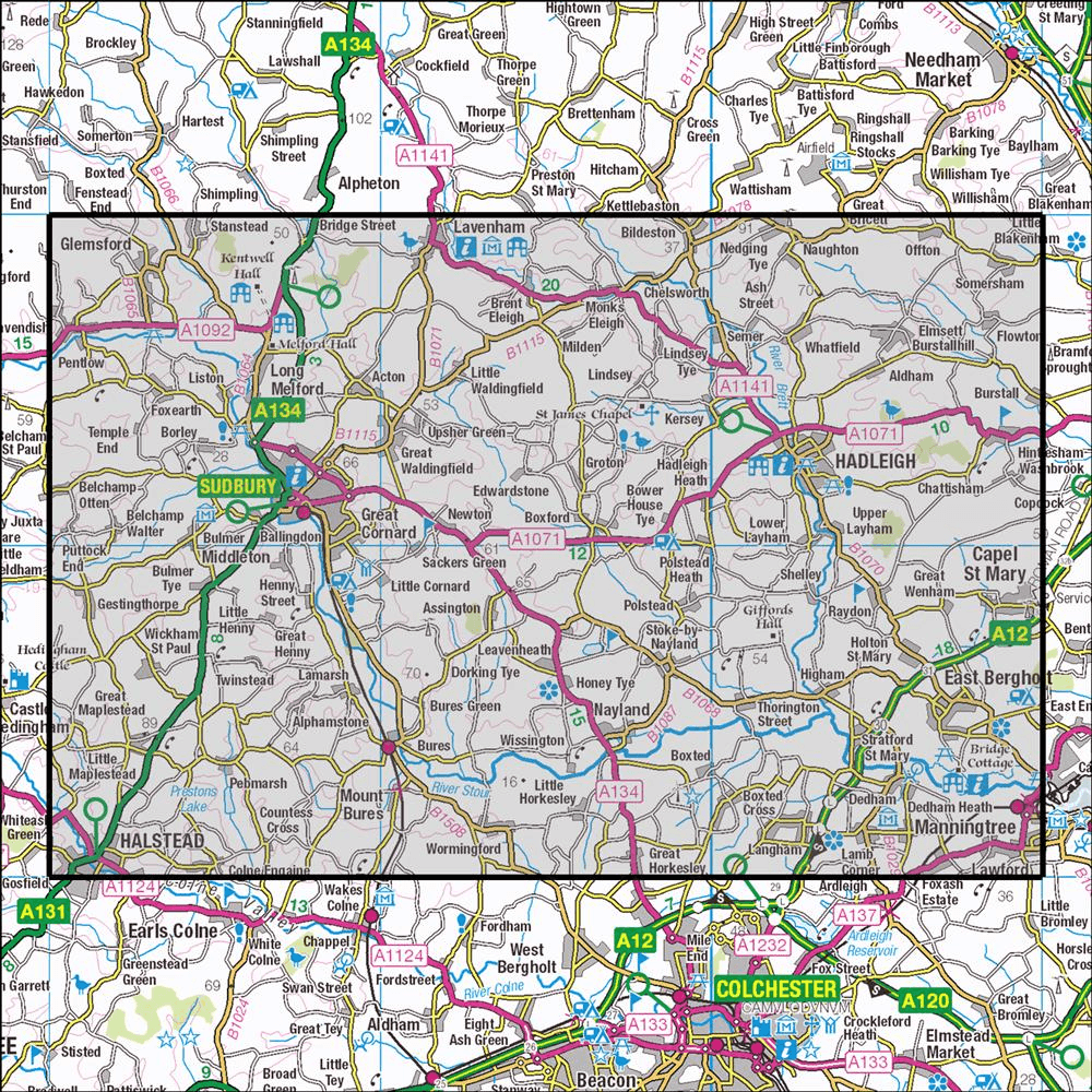OMN4 image showing the area of the Ordnance Survey 1:25,000 Explorer map 196 Sudbury, Hadleigh & Dedham Vale