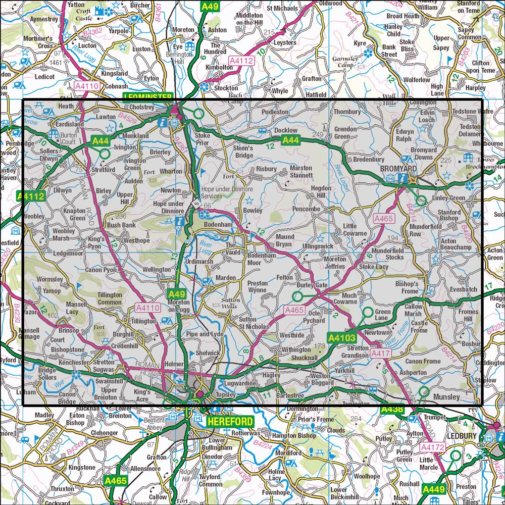 OMN4 image showing the area of the Ordnance Survey 1:25,000 Explorer map 202 Leominter & Bromyard