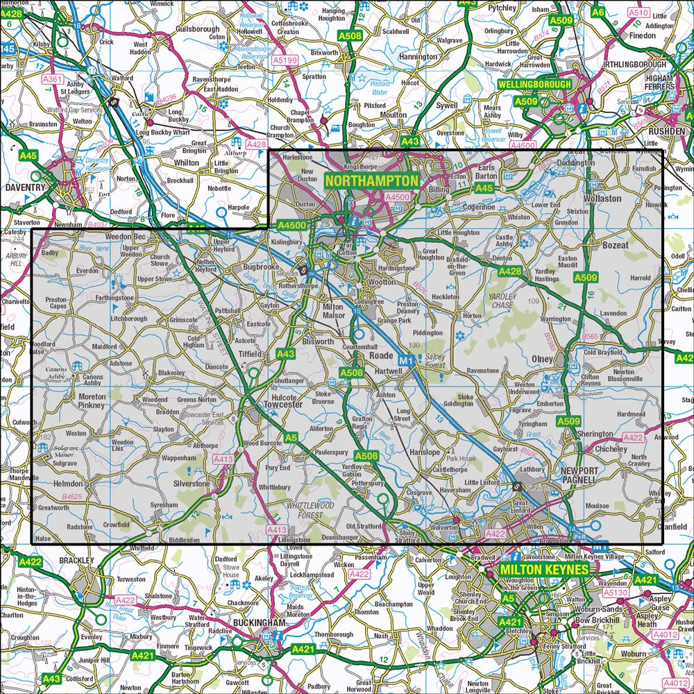 OMN4 image showing the area of the Ordnance Survey 1:25,000 Explorer map 207 Newport Pagnell & Northampton South
