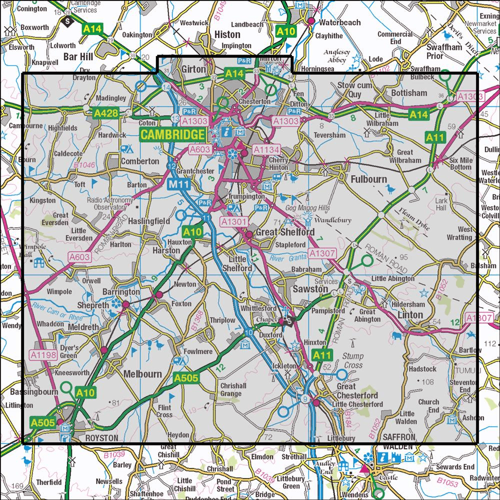 OMN4 image showing the area of the Ordnance Survey 1:25,000 Explorer map 209 Cambridge