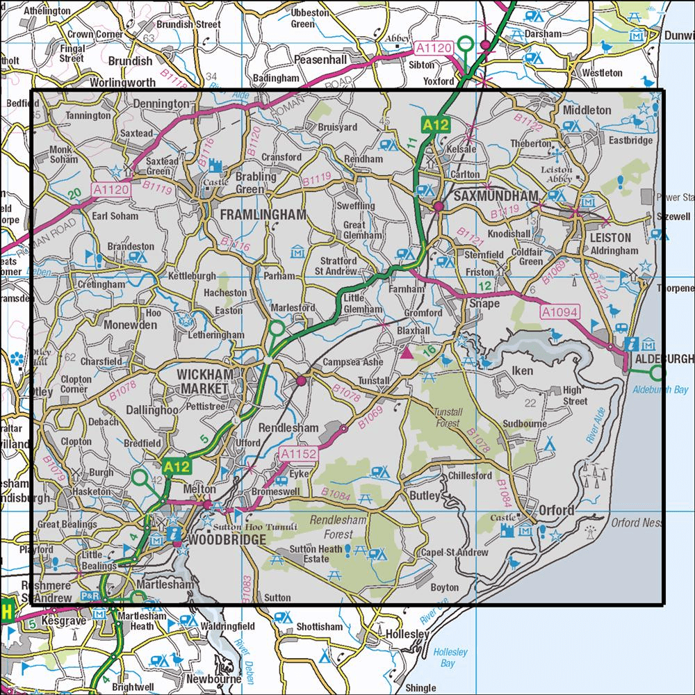 OMN4 image showing the area of the Ordnance Survey 1:25,000 Explorer map 212 Woodbridge & Saxmundham
