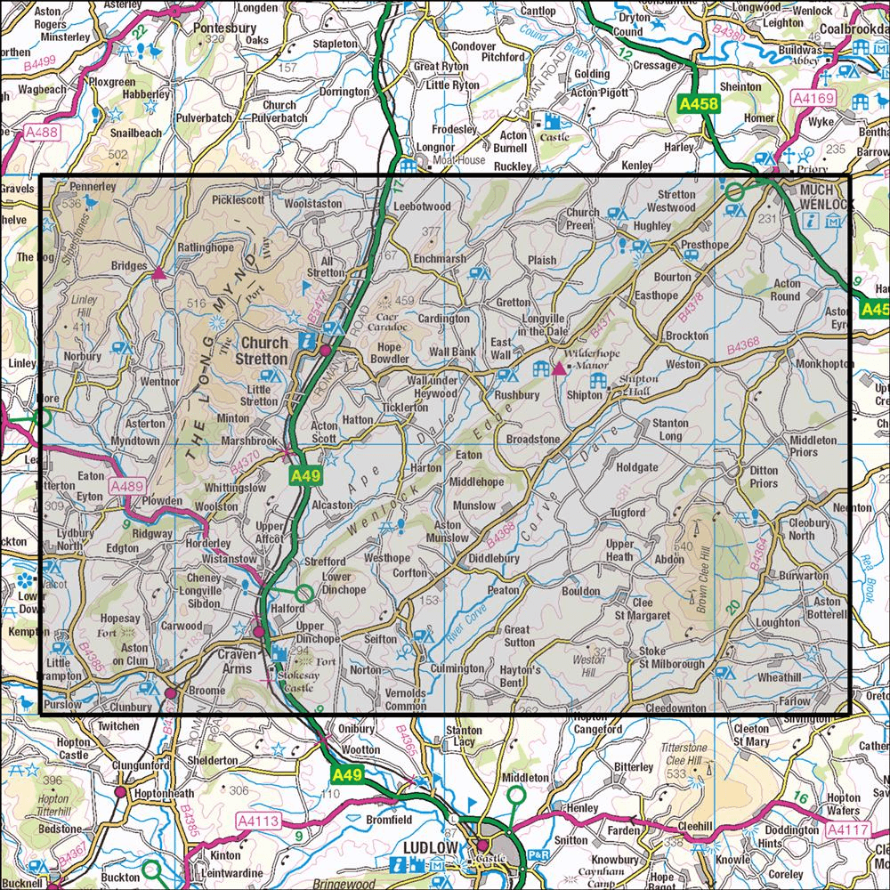 OMN4 image showing the area of the Ordnance Survey 1:25,000 Explorer map 217 The Long Mynd & Wenlock Edge