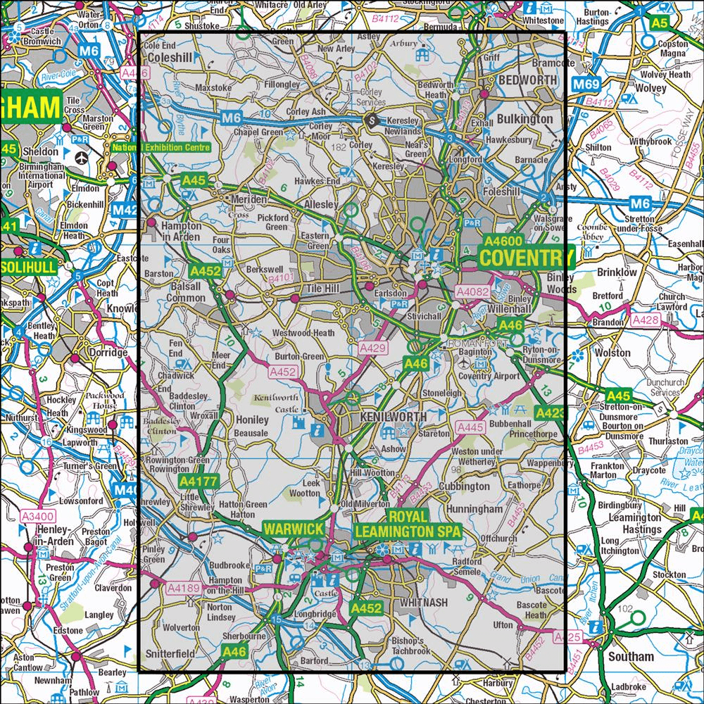 OMN4 image showing the area of the Ordnance Survey 1:25,000 Explorer map 221 Coventry & Warwick