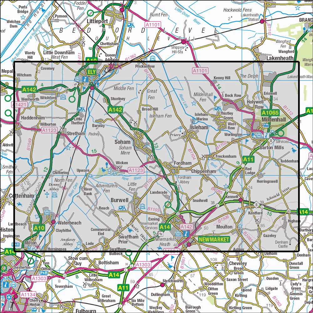 OMN4 image showing the area of the Ordnance Survey 1:25,000 Explorer map 226 Ely & Newmarket