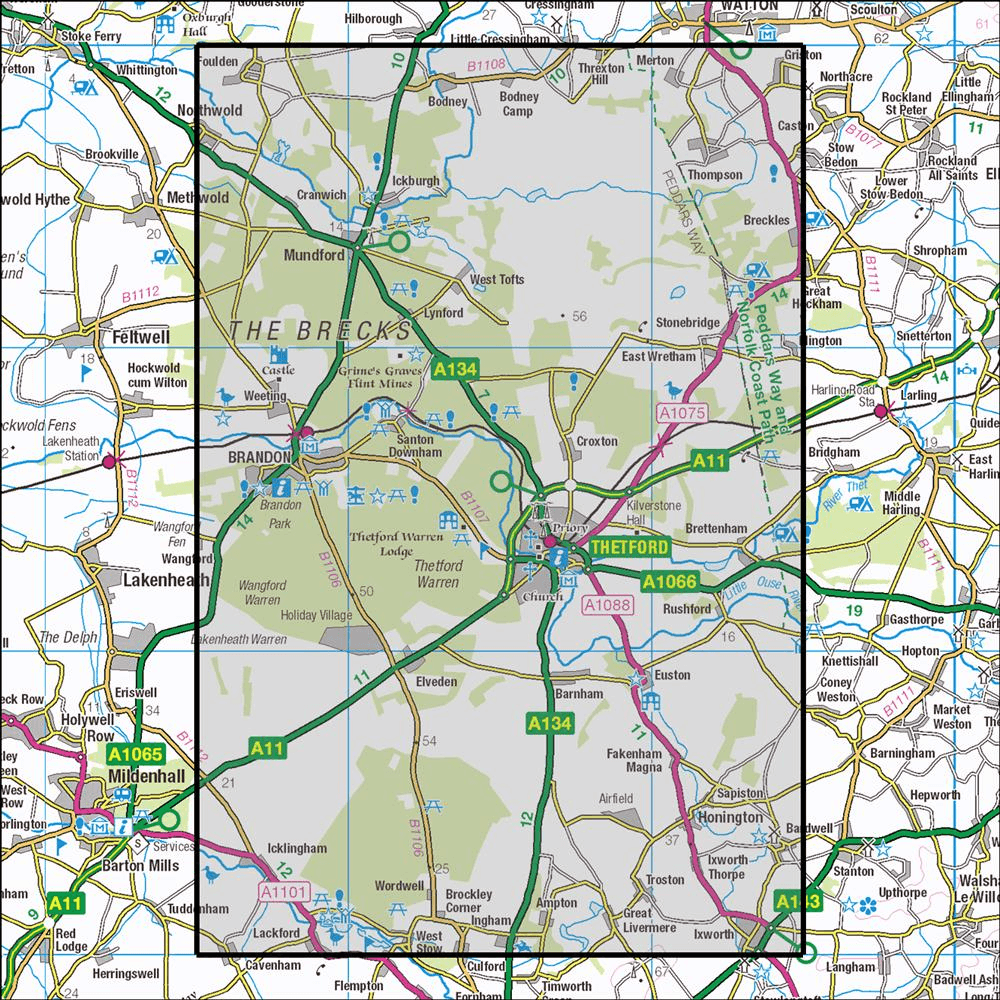 OMN4 image showing the area of the Ordnance Survey 1:25,000 Explorer map 229 Thetford Forest in The Brecks