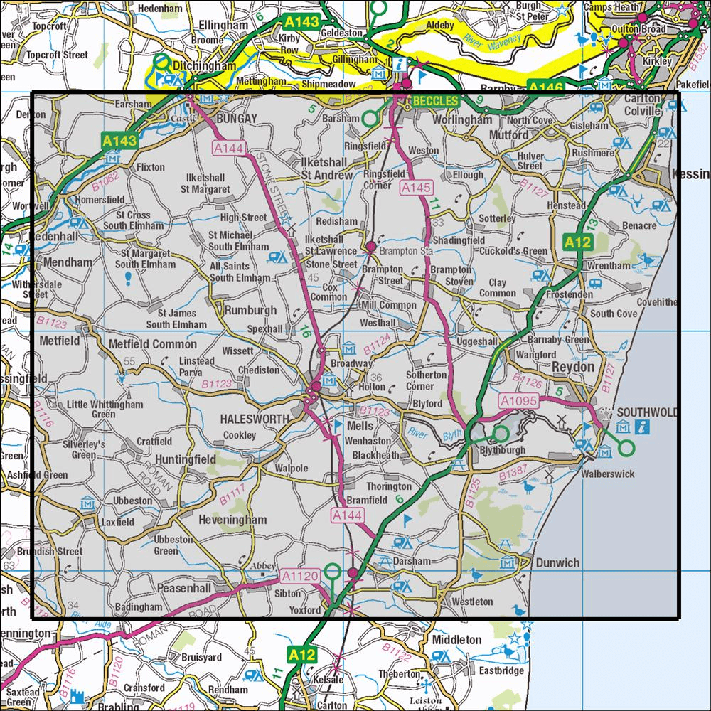OMN4 image showing the area of the Ordnance Survey 1:25,000 Explorer map 231 Southwold & Bungay