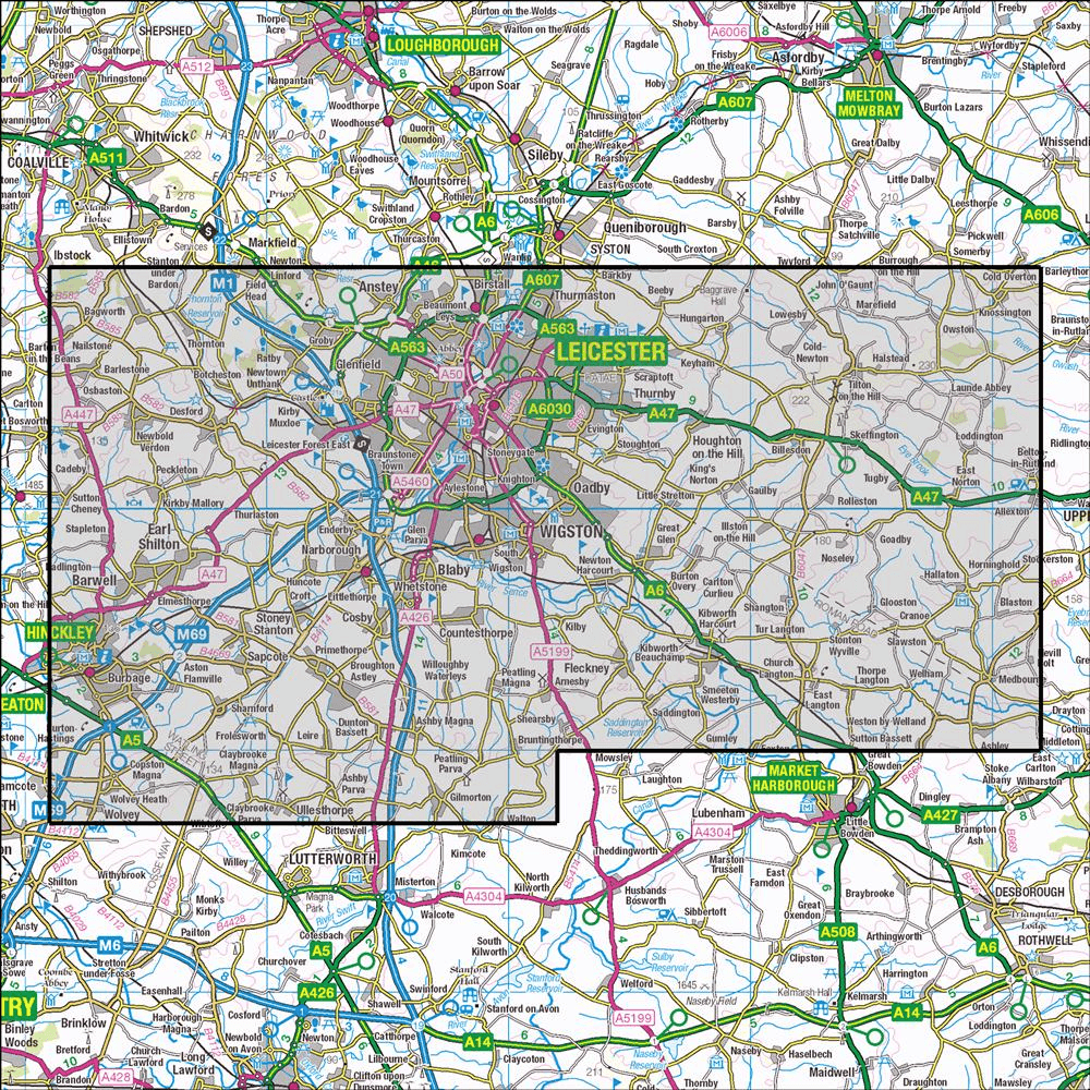 OMN4 image showing the area of the Ordnance Survey 1:25,000 Explorer map 233 Leicester & Hinckley