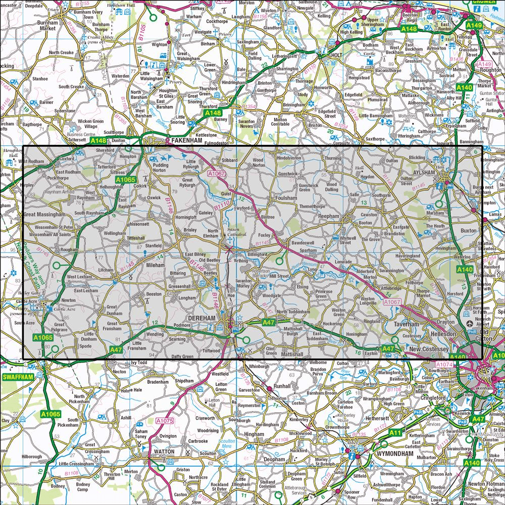 OMN4 image showing the area of the Ordnance Survey 1:25,000 Explorer map 238 East Dereham & Aylsham
