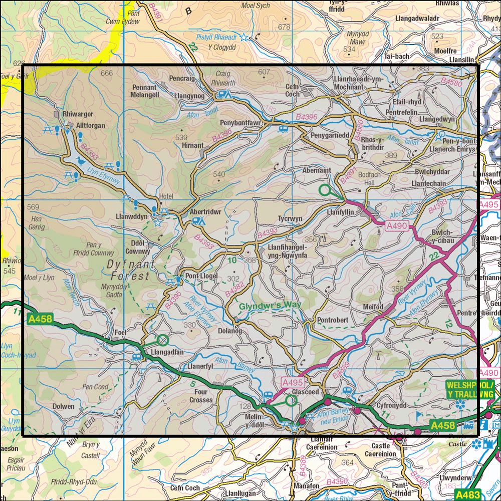 OMN4 image showing the area of the Ordnance Survey 1:25,000 Explorer map 239 Lake Vyrnwy & Llanfyllin