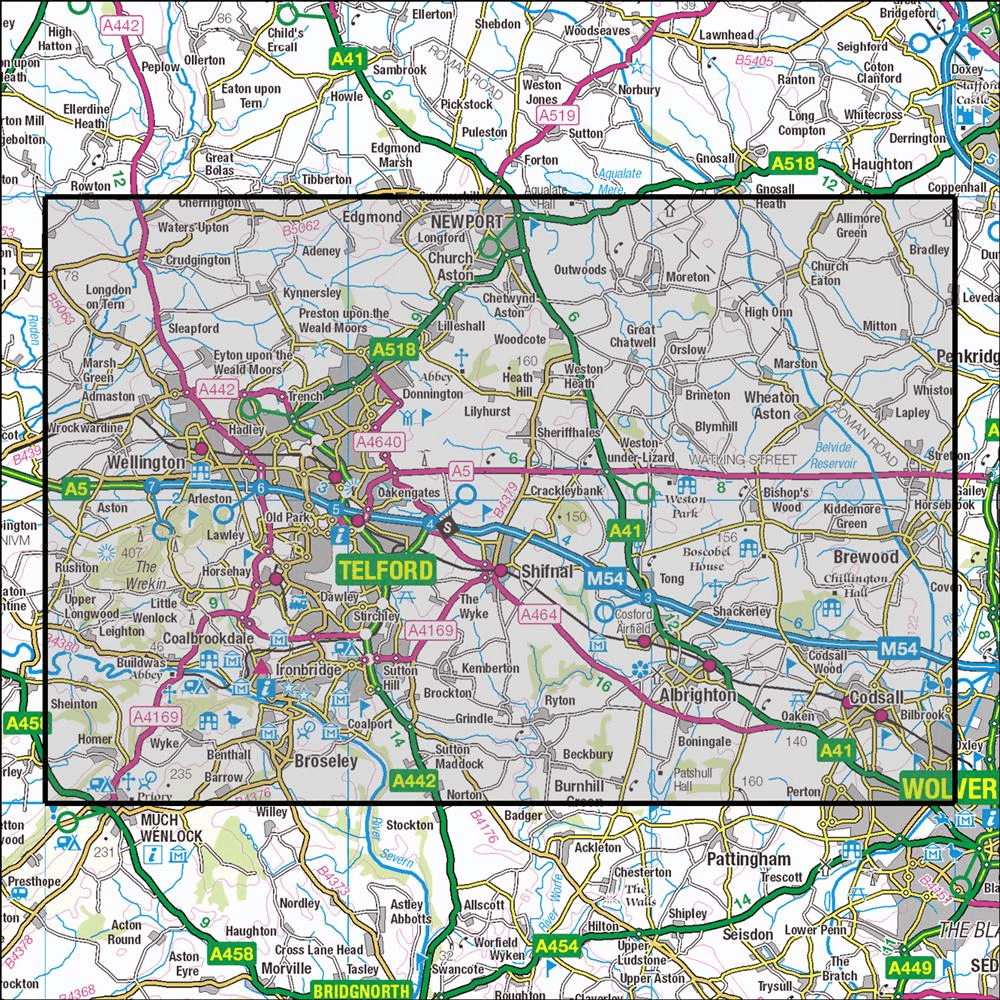 OMN4 image showing the area of the Ordnance Survey 1:25,000 Explorer map 242 Telford, Ironbridge & The Wrekin