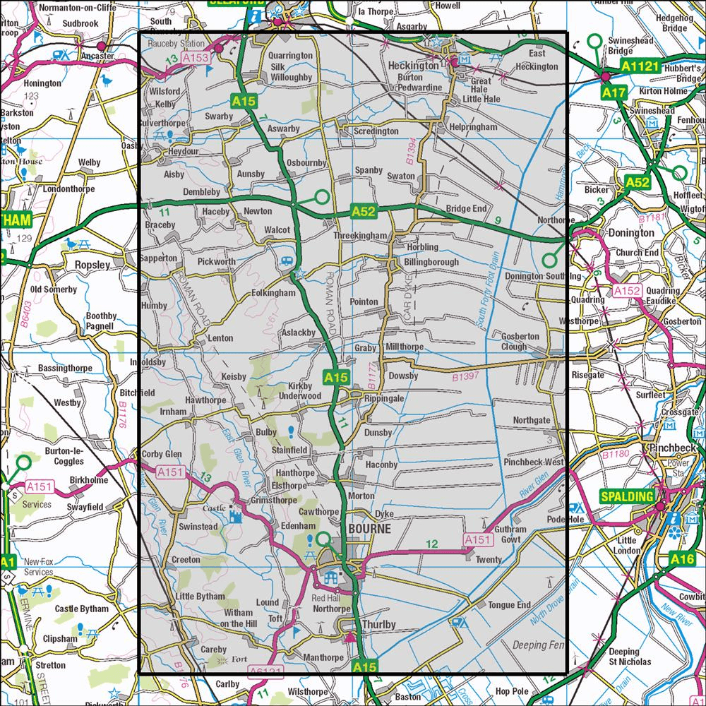 OMN4 image showing the area of the Ordnance Survey 1:25,000 Explorer map 248 Bourne & Heckington