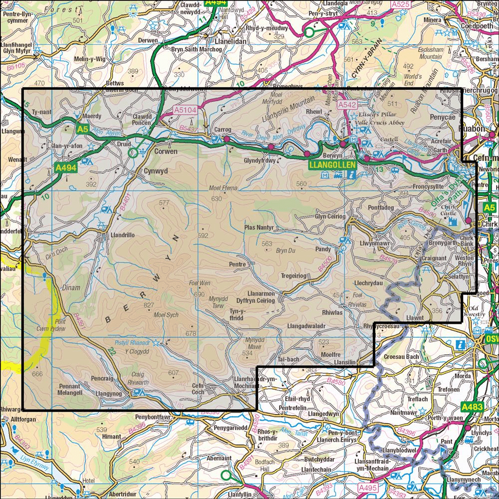 OMN4 image showing the area of the Ordnance Survey 1:25,000 Explorer map 255 Llangollen & Berwyn