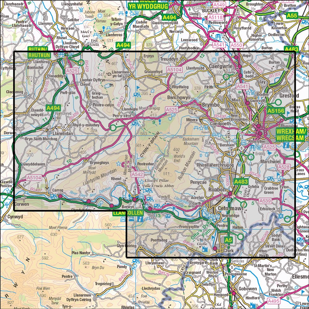 OMN4 image showing the area of the Ordnance Survey 1:25,000 Explorer map 256 Wrexham & Llangollen