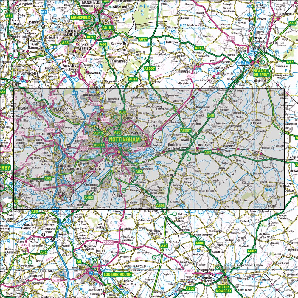 OMN4 image showing the area of the Ordnance Survey 1:25,000 Explorer map 260 Nottingham