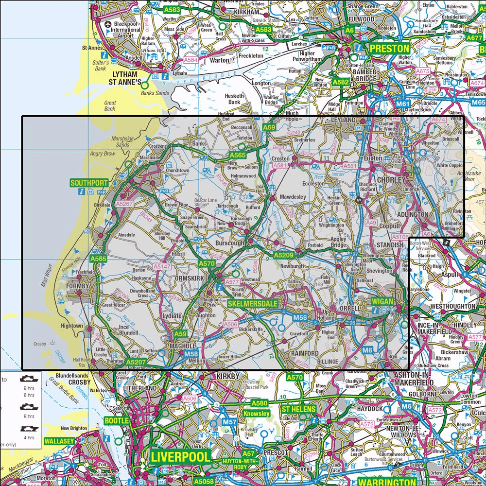 OMN4 image showing the area of the Ordnance Survey 1:25,000 Explorer map 285 Southport & Chorley