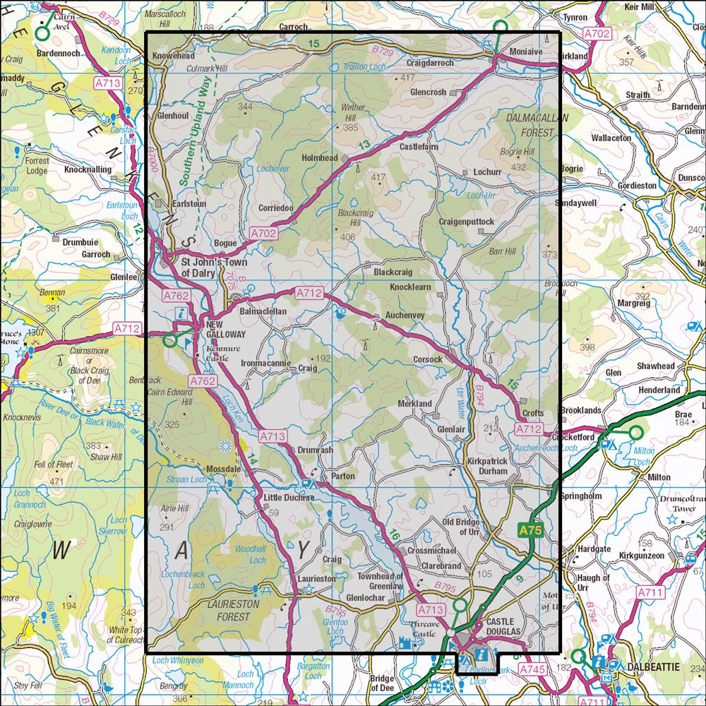 OMN4 image showing the area of the Ordnance Survey 1:25,000 Explorer map 320 Castle Douglas, Loch Ken & New Galloway