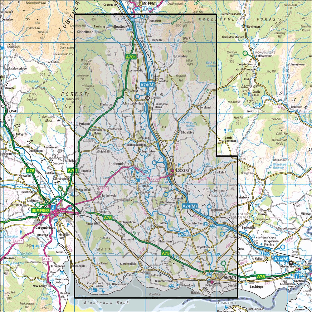 OMN4 image showing the area of the Ordnance Survey 1:25,000 Explorer map 322 Annandale