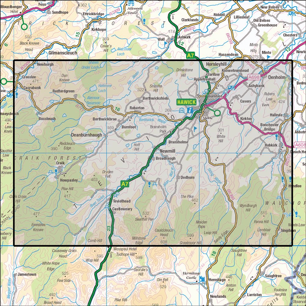 OMN4 image showing the area of the Ordnance Survey 1:25,000 Explorer map 331 Teviotdale South